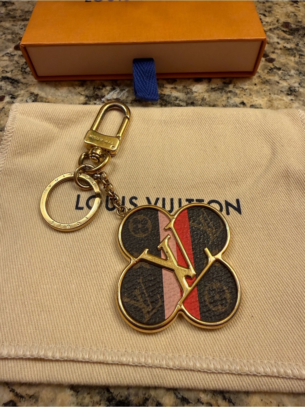 Louis Vuitton Brown Monogram Flower Key chain & bag charwith Pink and Red Inlays